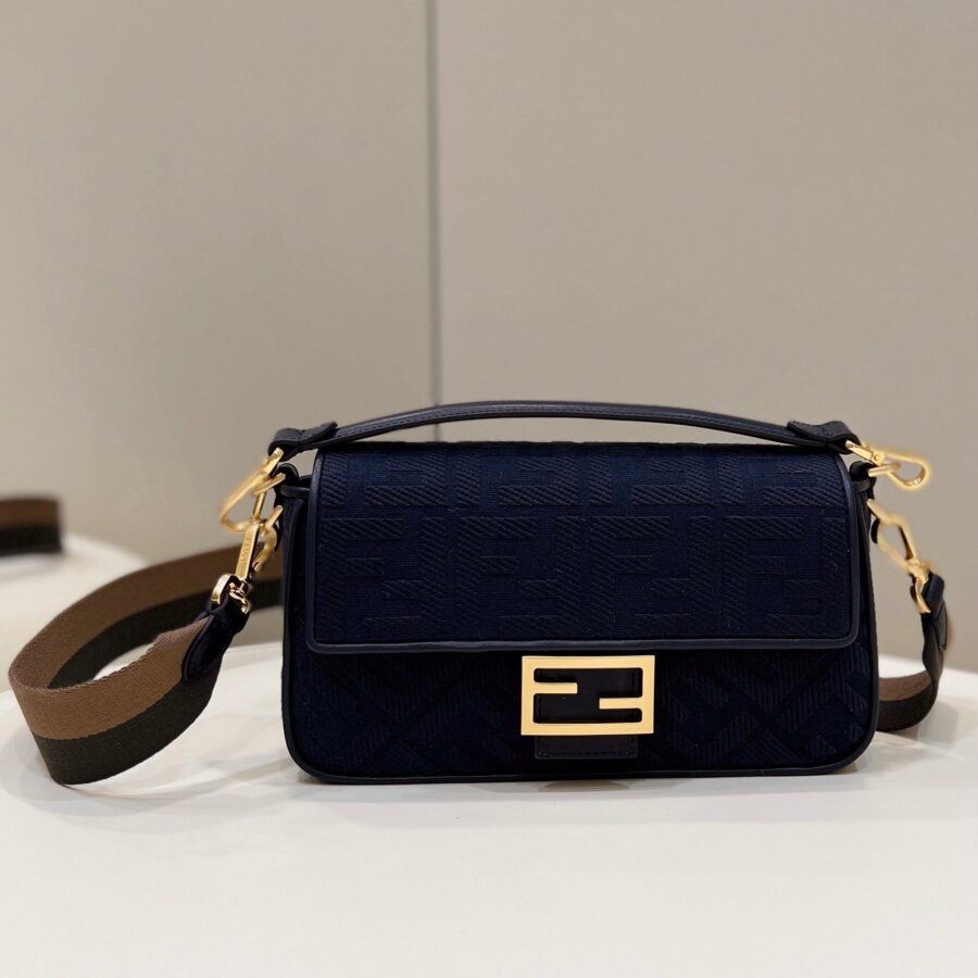 BAGUETTE WITH FF MOTIF 27 IN NAVY BLUE JACQUARD FABRIC GOLD HARDWARE | Studio Nafay