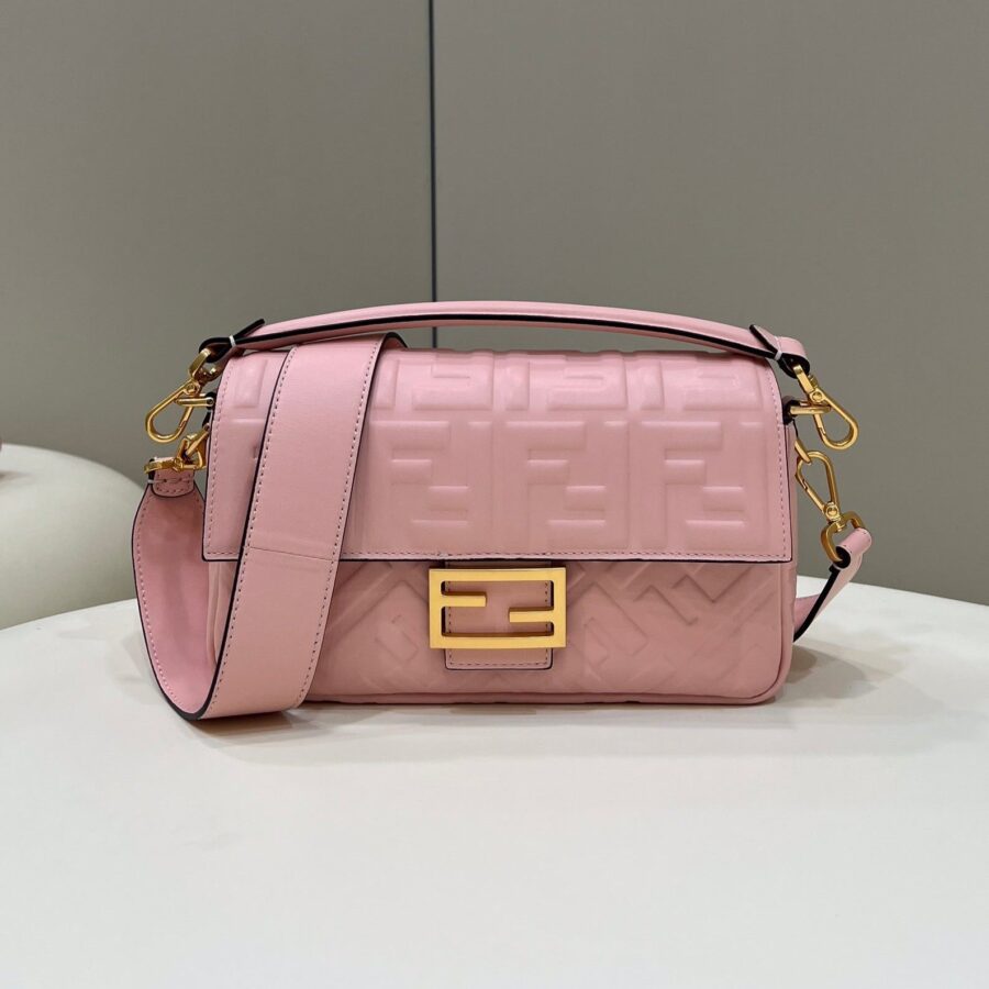 BAGUETTE WITH FF MOTIF 27 IN LIGHT PINK SOFT LAMBSKIN GOLD HARDWARE | Studio Nafay