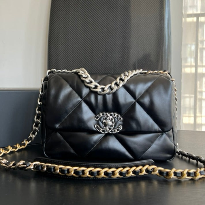 19 FLAP BAG 30 BLACK GOATSKIN RUTHENIUM HARDWARE | Studio Nafay