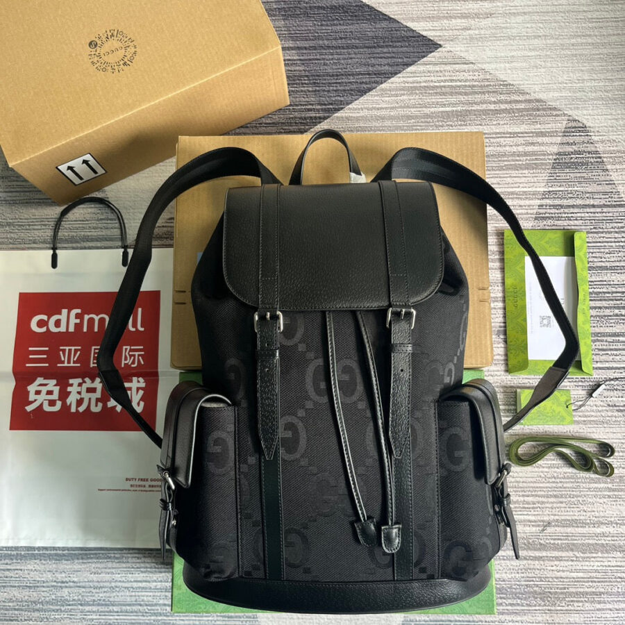 GG OPHIDIA LARGE 42 BACKPACK IN BLACK CANVAS AND CALFSKIN | Studio Nafay