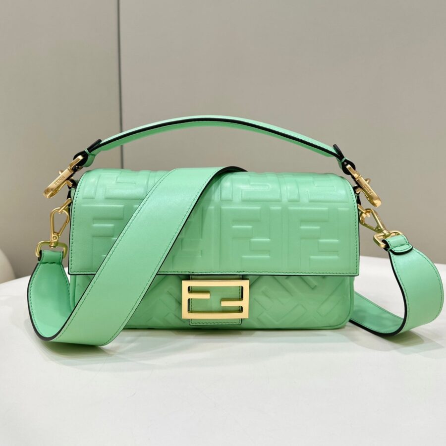 BAGUETTE WITH FF MOTIF 27 IN DE YORK GREEN SOFT LAMBSKIN GOLD HARDWARE | Studio Nafay