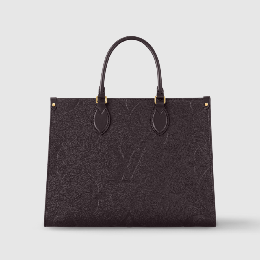 Chocolate Monogram Empreinte Leather OnTheGo MM Leather Tote Bag for Women | Studio Nafay