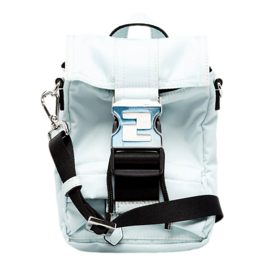 Fendi Fendiness Cyber Blue Nylon Buckle Mini Backpack Crossbody Bag | Studio Nafay