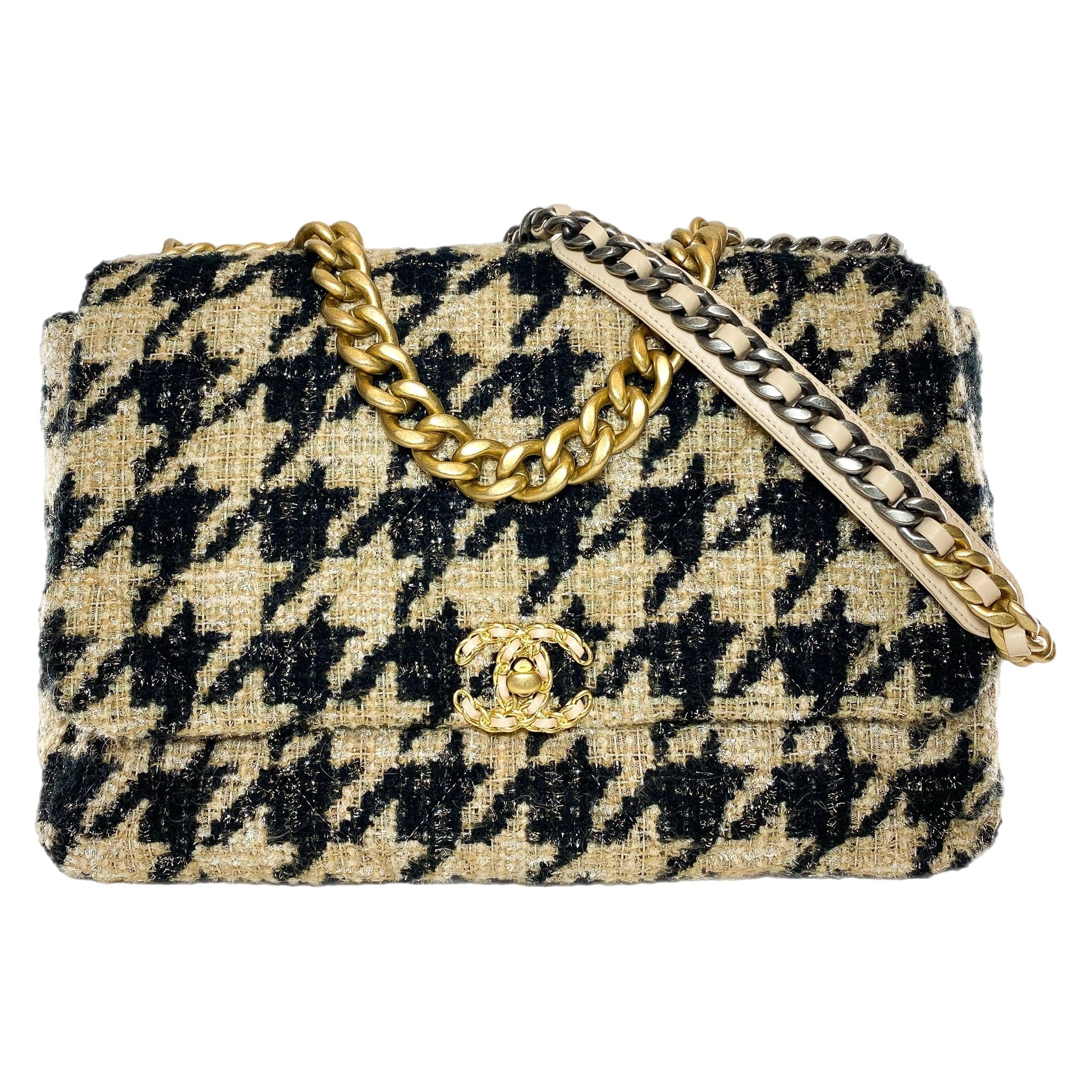 Chanel 19 Black Beige Houndstooth Tweed Maxi Flap Bag