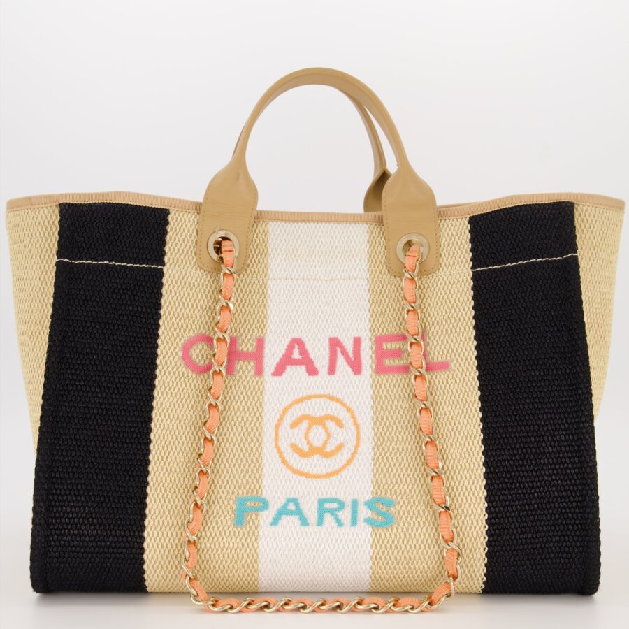 *HOT* Chanel Beige, Black and White Raffia Medium Deauville Tote Bag with Pastel Logo and Champagne Gold Hardware | Studio Nafay