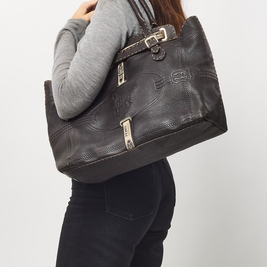 Fendi Brown Grained Calfskin Romano Selleria Large Villa Borghese Tote | Studio Nafay