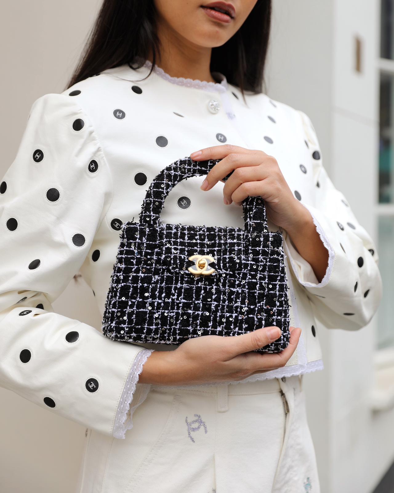 Chanel Black & White Tweed And Sequin Small Kelly Bag With Brushed …